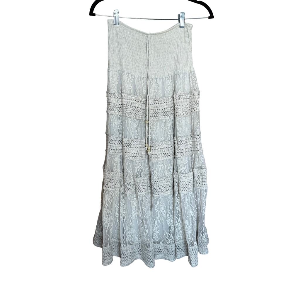 Lapis Lace Light Gray Ruched Waist Boho Midi Skirt M EUC